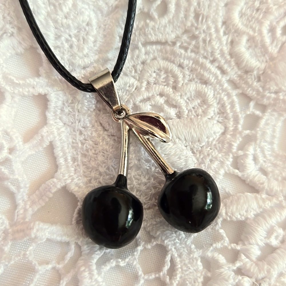 🍒 New Black Cherries Pendant on 18" Black Leather Necklace Adj to 20" 🍒